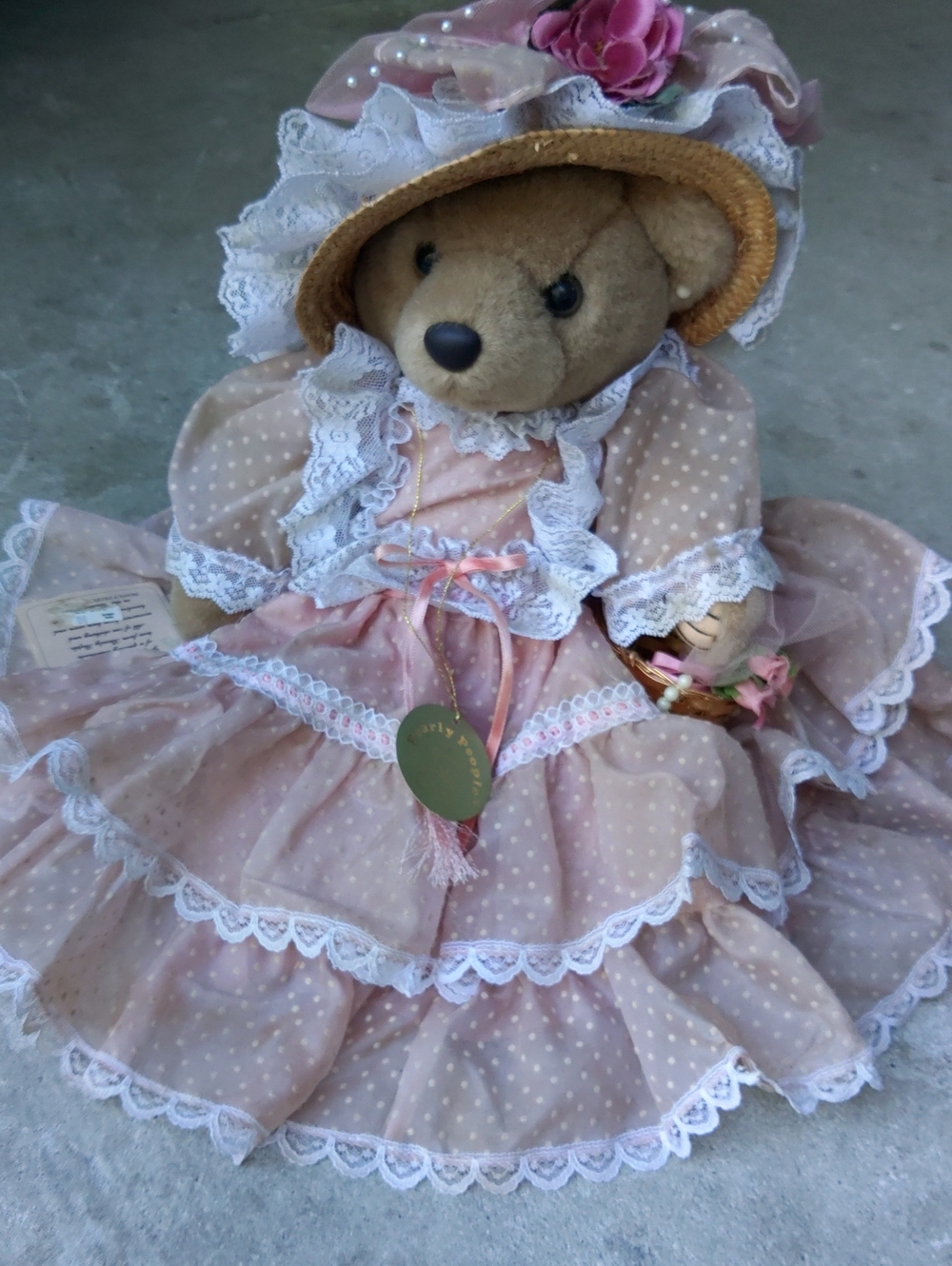 Bearly People Victorian Plush Teddy Doll in Pink Polka-Dot Dress with Bonnet